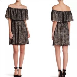 Alice + Olivia Suzy Off The Shoulder Black and Cream Lace Dress - Size Medium